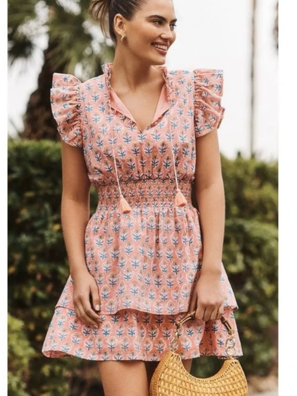 Smocked Waist Pink Floral Mini Dress with Tassel Ties